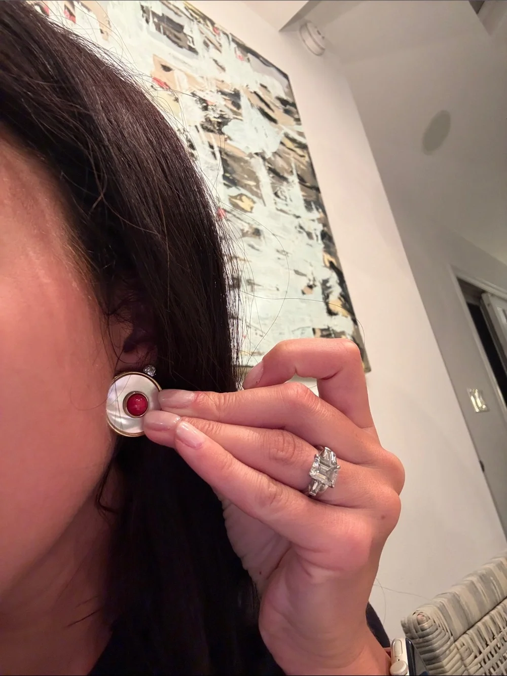 Gold-Tone Mother-of-Pearl Earrings with Red Center Vintage